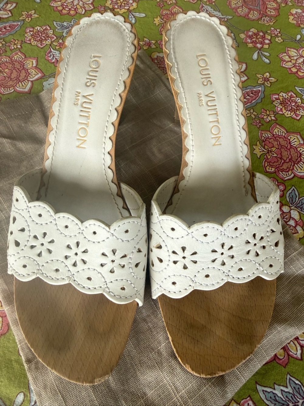 Louis Vuitton White Scalloped Laser-Cut Leather Mules